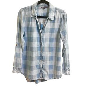 Wyatt Light Blue Button Down Roll Tab Plaid Relaxed Shirt 100% Lyocell Cabincore